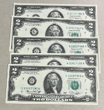 5- 1976 $2.00 Banknotes, w/ sequential serial numbers