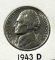 1943-D US Jefferson War Nickel, 35% silver, UNC