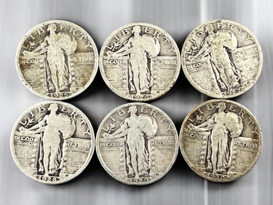 6- Standing Liberty Quarters, 1925, 1926, 1927, 1928, 1929, 1930