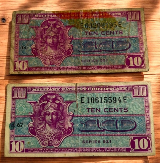 2- Series 521 10 cent Military Payment Certificates, sells times the money