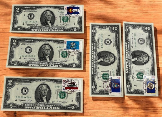 5- 1976 First Day Issue $2.00 Notes, w/ sequential serial numbers and St. Clairsville Marks