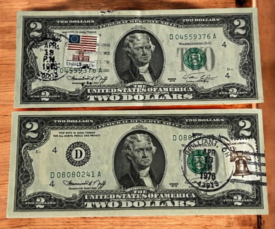 2- 1976 First Day Issue $2.00 Notes, both with Brilliant Ohio Postmarks