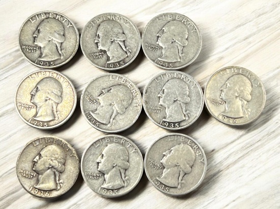 10- 90% silver Washington Quarters, 8-1935 and 2-1936