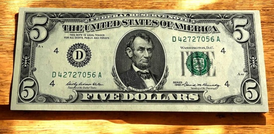 1969 $5.00 Federal Reserve Note, UNC