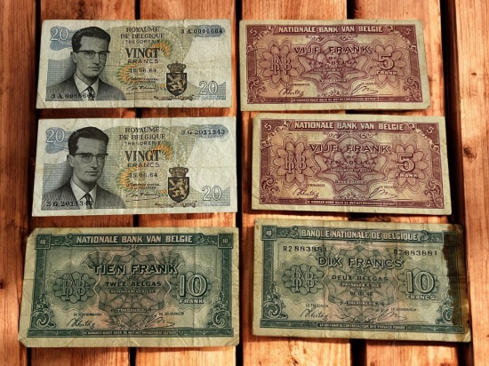 6- Belgian Franc Banknotes, sells times the money