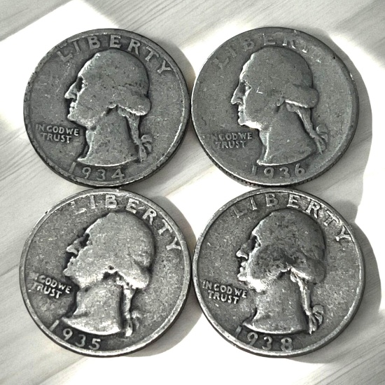 3- 90% Silver Washington Quarters, 1934, 1935, 1936, 1938, sells times the money