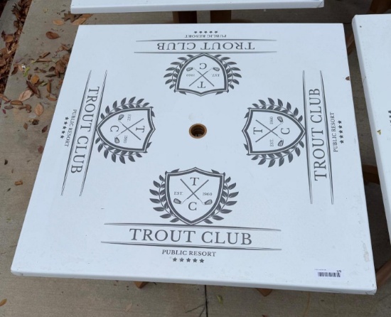 Trout Club Table, approx 35" x 35" shows wear from normal use