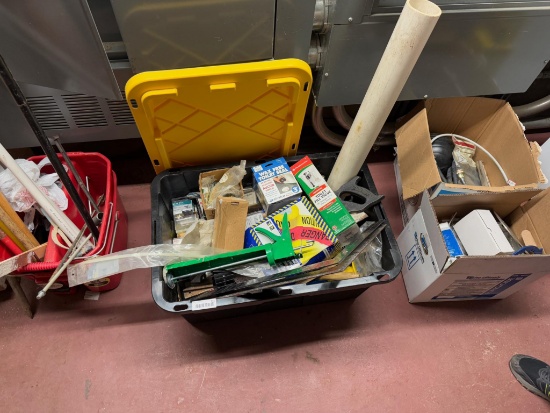 Tote , 2 Boxes, Bucket of Handles, misc hardware & tools, commercial plumbing supplies and more
