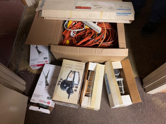 Box of Extension Cords and Misc Unused Light Fixtures