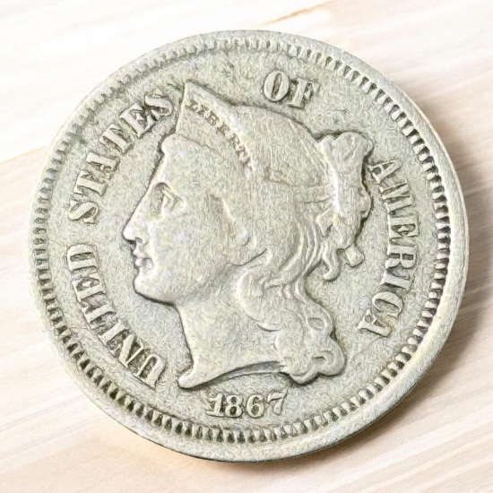 1867 US 3 Cent Nickel, FULL LIBERTY