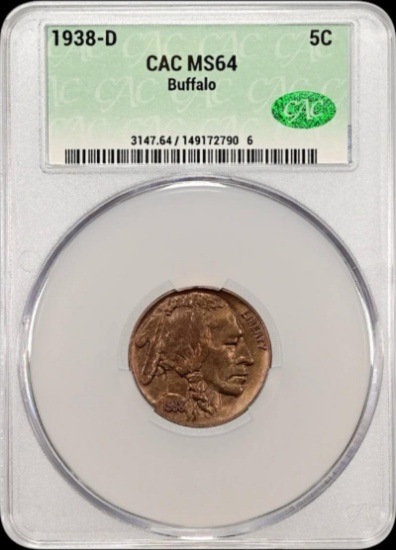 1938-D Buffalo Nickel in CAC MS64 holder
