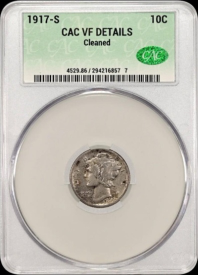 1917-S Mercury Dime, 90% silver in CAC VF Details holder