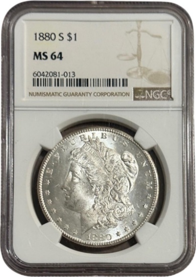 1880-S Morgan Silver Dollar in NGC MS64 Holder