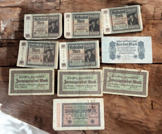 10- Antique German Banknotes, see pics for notes included, sells times the money