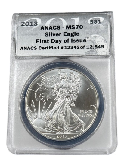 2013 US Silver Eagle Dollar Coin, .999 Fine Silver in ANACS MS70 holder