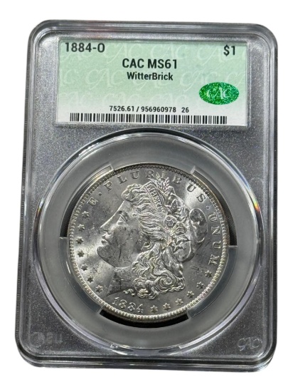 1884-O Morgan Silver Dollar, 90% silver in CAC MS61 Witterbrick Holder