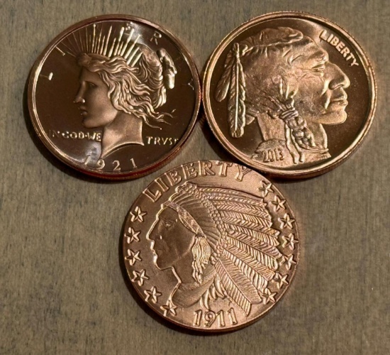 3- One Ounce Copper Rounds, sells times the money