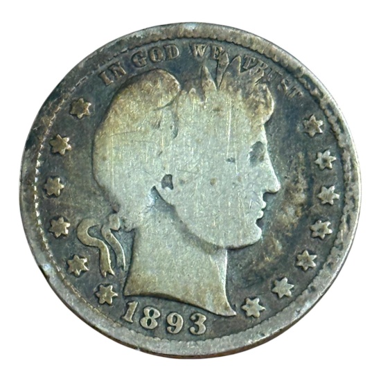 1893 US Barber Quarter Dollar, 90% Silver