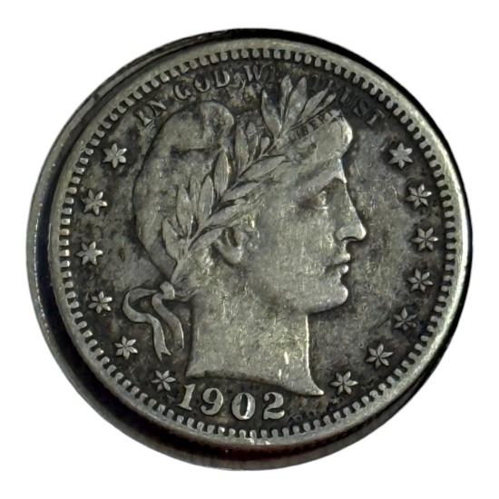 1902 US Barber Quarter Dollar, 90% Silver