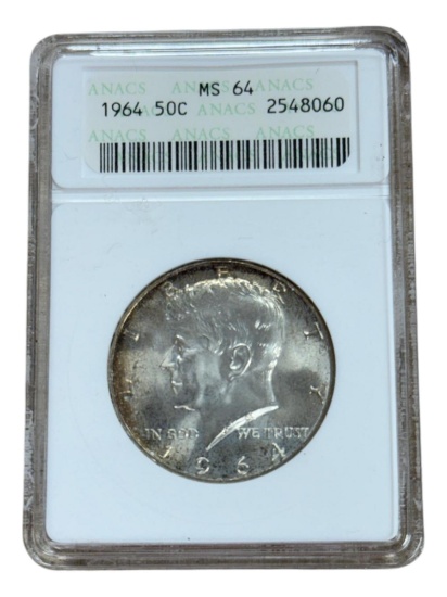 1964 Kennedy Half Dollar in MS64 ANACS soapbox holder