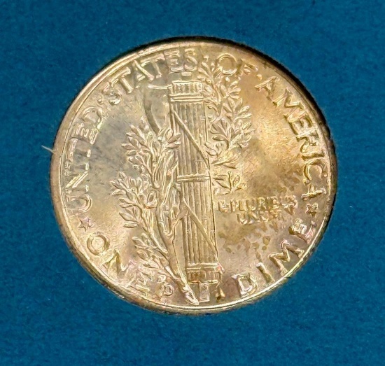 1942-D US Mercury Dime, 90% Silver, Full Bands, CHOICE BU