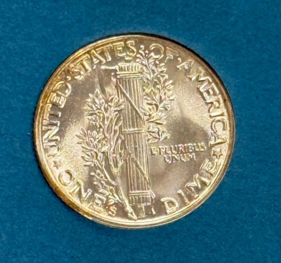 1942-S US Mercury Dime, 90% Silver, Full Bands, CHOICE BU