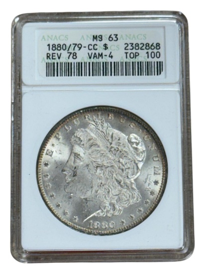 1880/79-CC Morgan Silver Dollar in VAM-4 MS63 ANACS Soapbox Holder