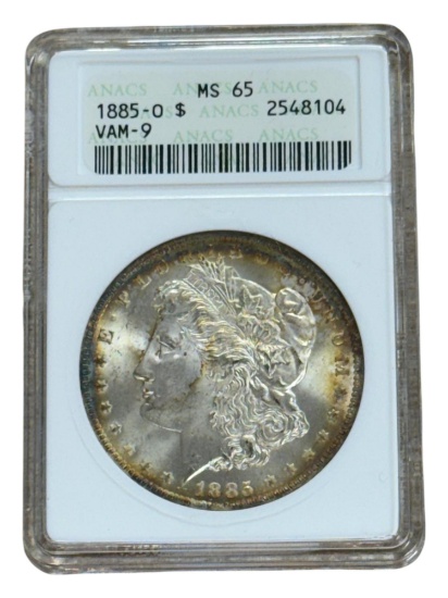 1885-O Morgan Silver Dollar in VAM-9 MS65 ANACS Soapbox Holder