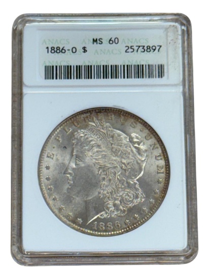 1886-O Morgan Silver Dollar in MS60 ANACS Soapbox Holder