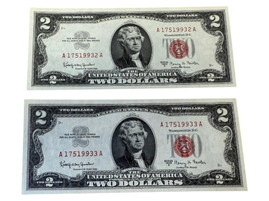 2- 1963A Red Seal $2.00 Notes, UNC w/ sequential serial numbers