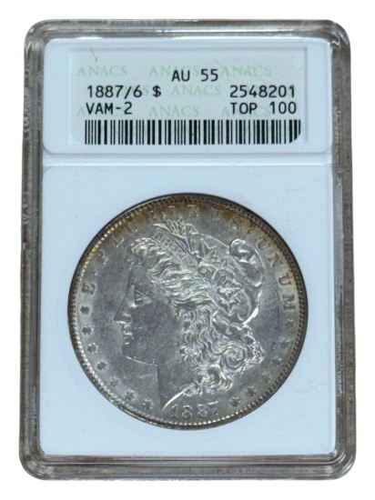 1887/6 Morgan Silver Dollar in AU55 VAM-2 ANACS Soapbox Holder
