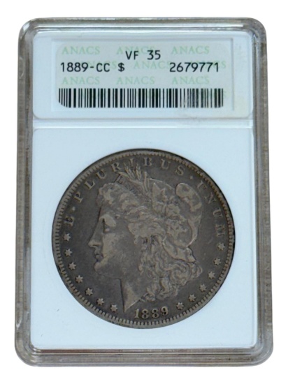 WOW 1889-CC Morgan Silver Dollar in VF35 ANACS Soapbox Holder