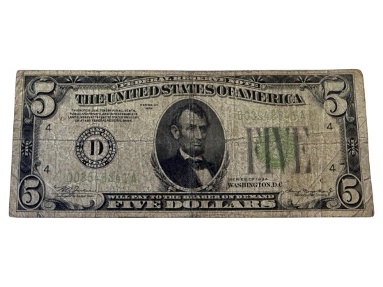 1934 Green Seal $5.00 US Federal Reserve Note
