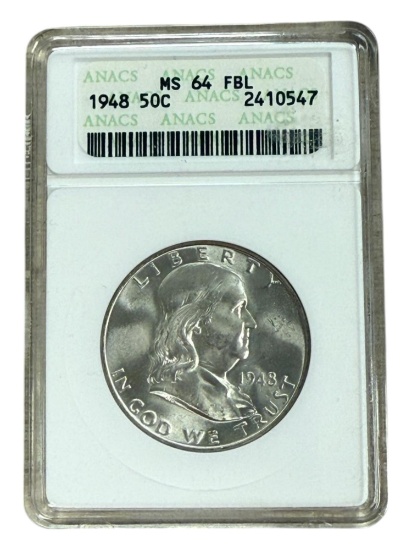 1948 Franklin Half Dollar in MS64FBL ANACS soapbox holder