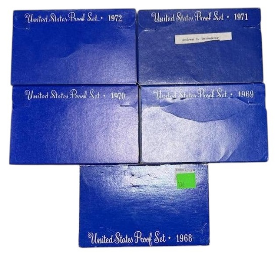 5- US Mint Proof Sets, 1968, 1969, 1970, 1971, and 1972, includes 2 40% silver Half dollars