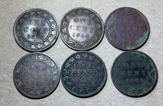 6- 1800's Large Canada One Cent coins, 1876H, 1882, 1888, 1891, 1893, 1896