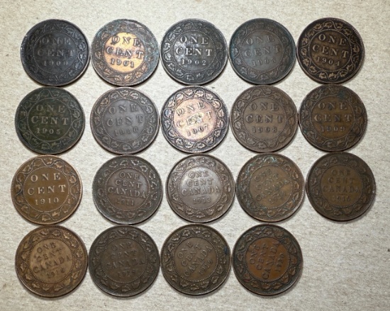 19- 1900's Large Canada One Cent coins, 1900-1911, 1913-1916 & 1918-1920