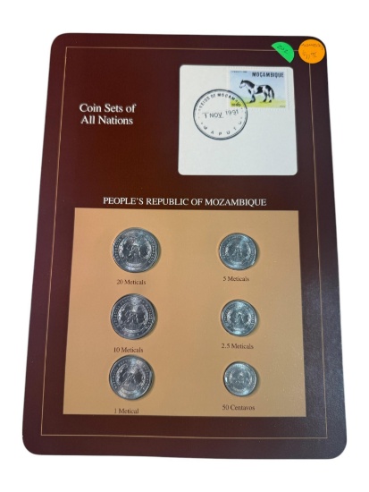 PEOPLE'S REPUBLIC OF MOZAMBIQUE, COINS SETS OF ALL NATIONS W/ COINS AND STAMP, MADE BY FRANKLIN MINT