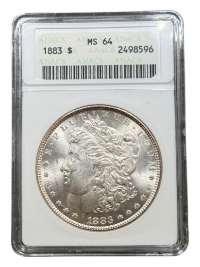 1883 Morgan Silver Dollar in MS64 ANACS Soapbox Holder