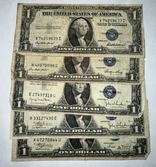 5- 1935 silver Certificates, 1935B, C, D, E, F, sells times the money