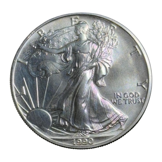 1990 US Silver Eagle Dollar Coin, .999 Fine Silver