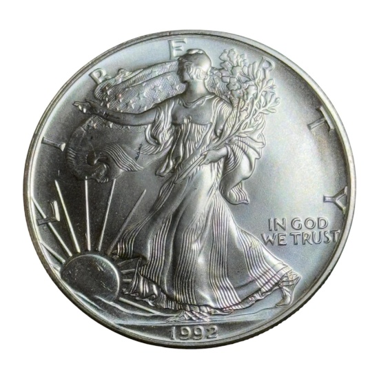 1992 US Silver Eagle Dollar Coin, .999 Fine Silver