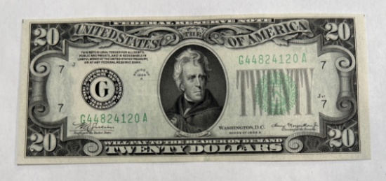1934A $20.00 Green Seal Federal Reserve Note, AU, GOOD CRISP CORNERS