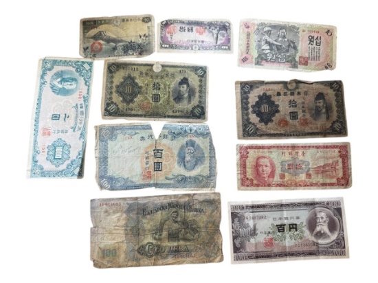 10 Vintage Foreign Banknotes, mostly Asian, sells times the money