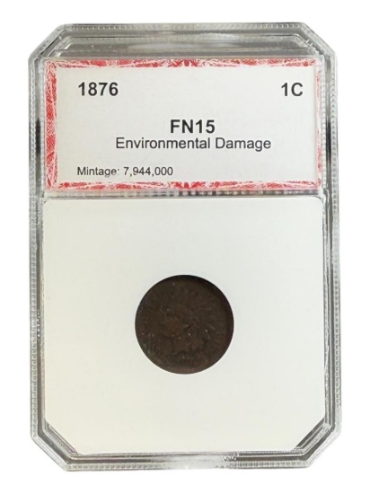 1876 Indianhead Cent, in PCI F15 Environmental Damage holder