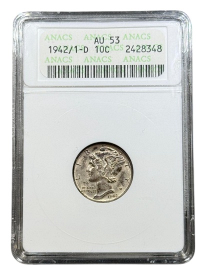 1942/1-D Mercury Dime ERROR in AU53 ANACS Soapbox holder