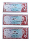 3- Eastern Caribbean One Dollar Banknotes, UNC, w/ sequential serial numbers, sells times the money
