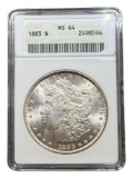 1883 Morgan Silver Dollar in MS64 ANACS Soapbox Holder
