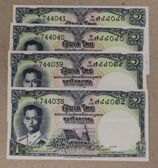 4- Thailand 1 Baht Banknotes w/ sequential serial numbers, sells times the money