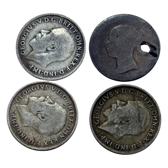 3- Sterling 3 Pence Coins and 184_ Silver Foreign Coin